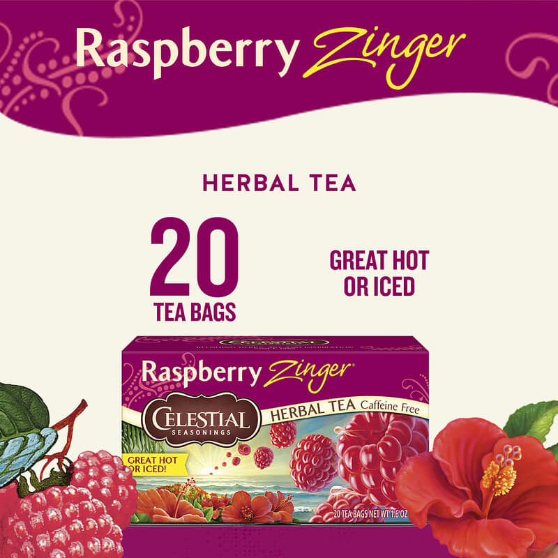 Herbal Tea, Raspberry Zinger®, Caffeine Free, 20 Tea Bags, 1.6 oz