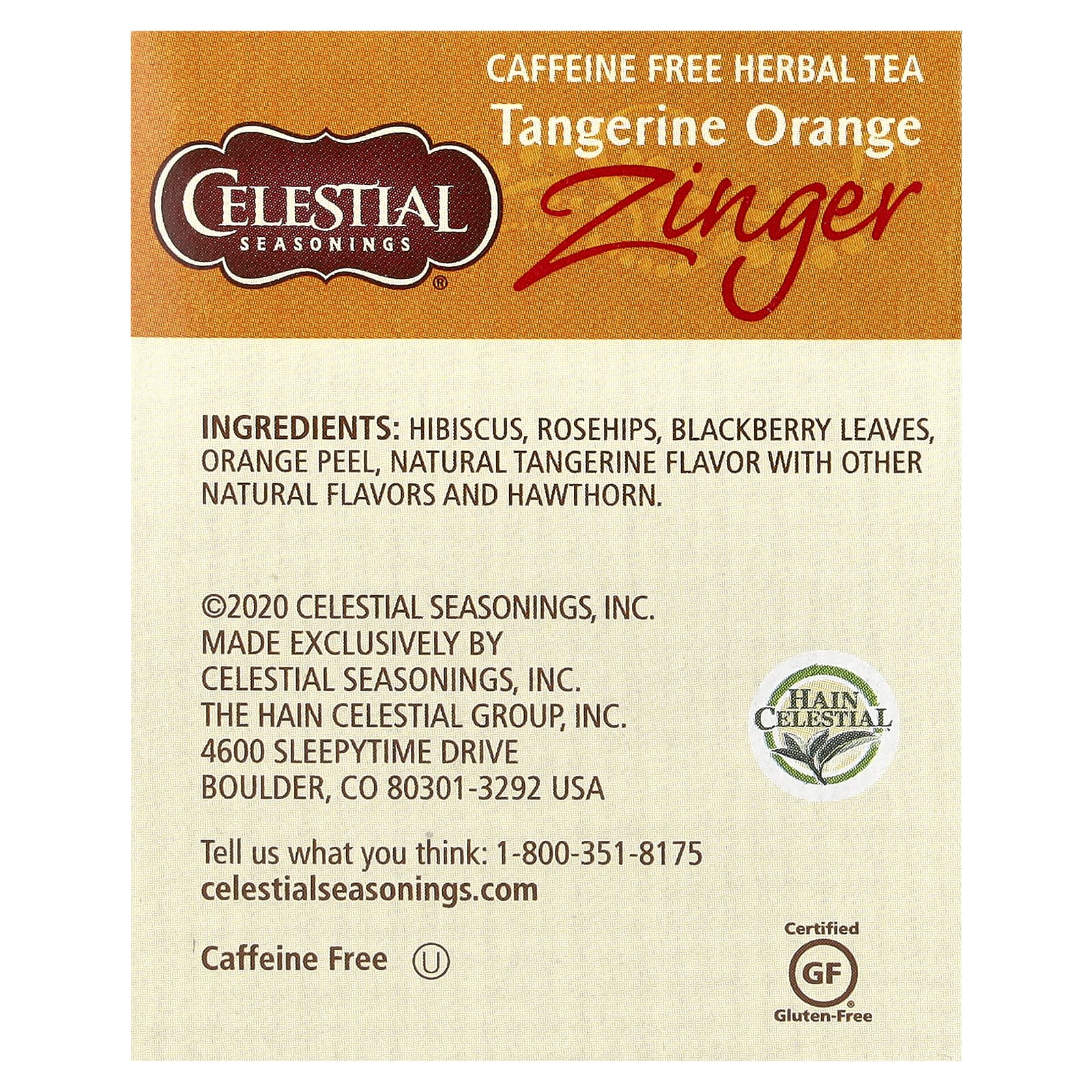 Celestial Seasonings, Herbal Tea, Tangerine Orange Zinger®, Caffeine Free, 20 Tea Bags, 1.7 oz