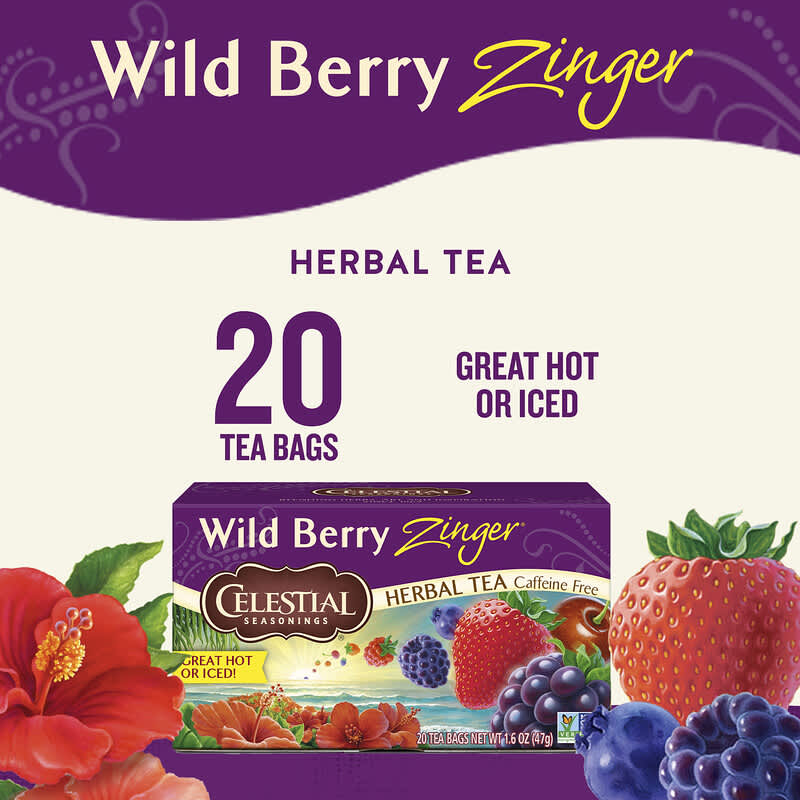 Herbal Tea, Wild Berry Zinger®, Caffeine Free, 20 Tea Bags, 1.6 oz