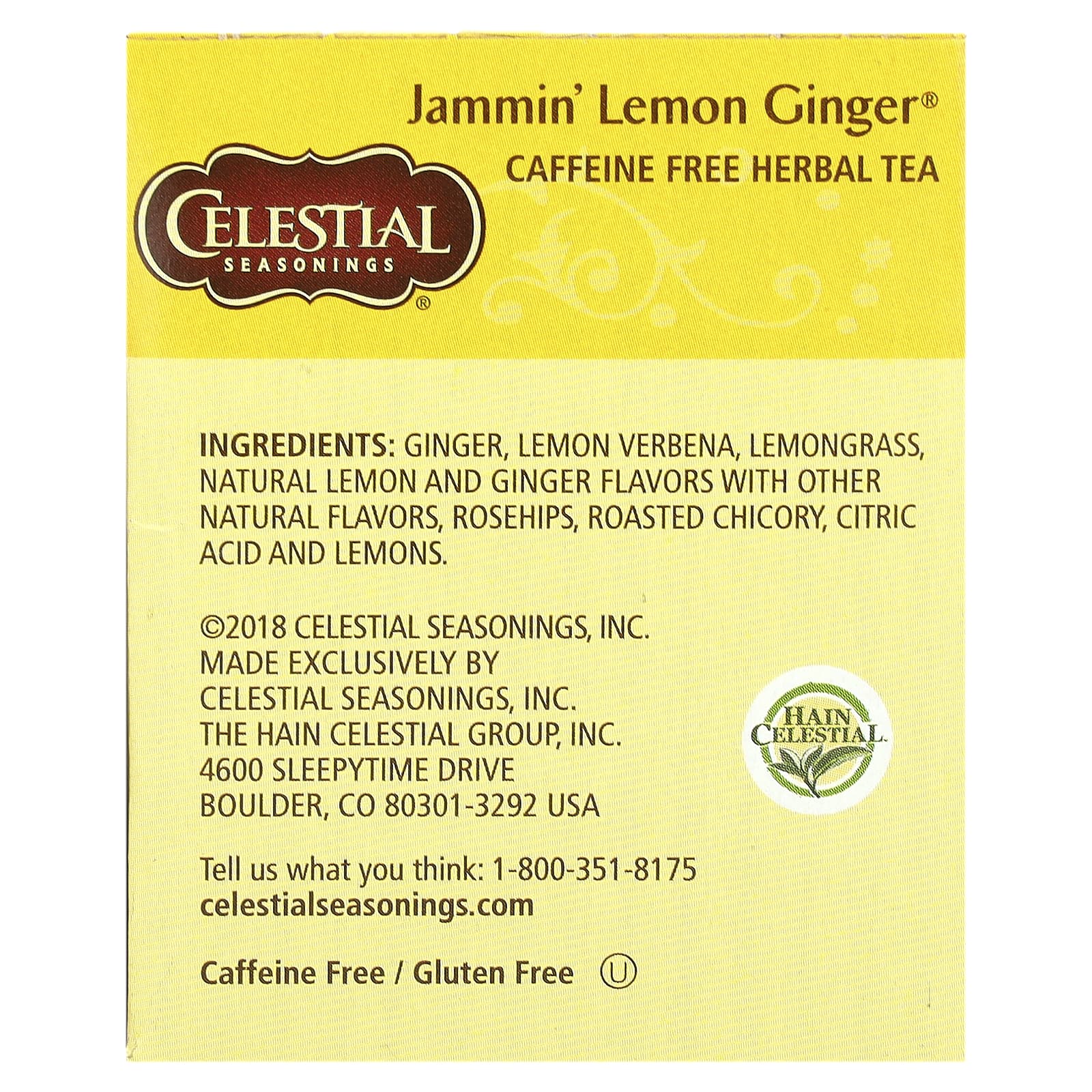 Celestial Seasonings, Herbal Tea, Jammin' Lemon Ginger, Caffeine Free