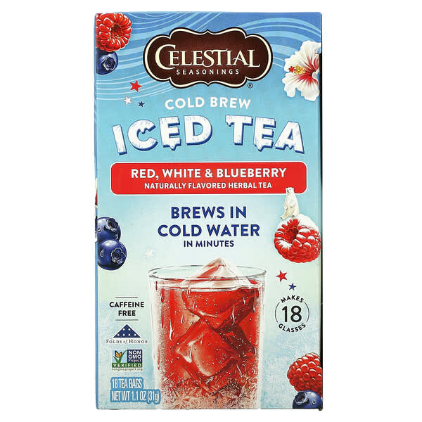 Celestial Seasonings, Thé glacé infusé à froid, Rouge, blanc et myrtille, Sans caféine, 18 sachets de thé, 31 g
