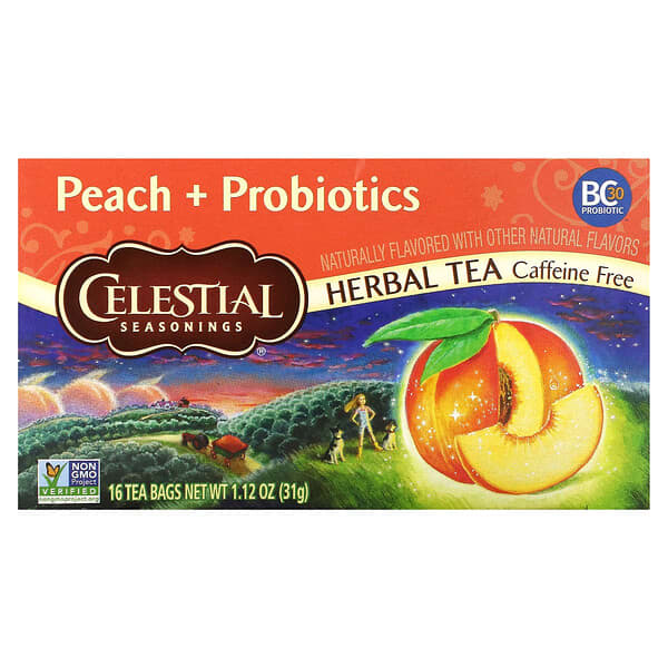 Celestial Seasonings Herbal Tea, Peach + Probiotics, Caffeine Free, 16 Tea Bags, 1.12 oz (31 g)