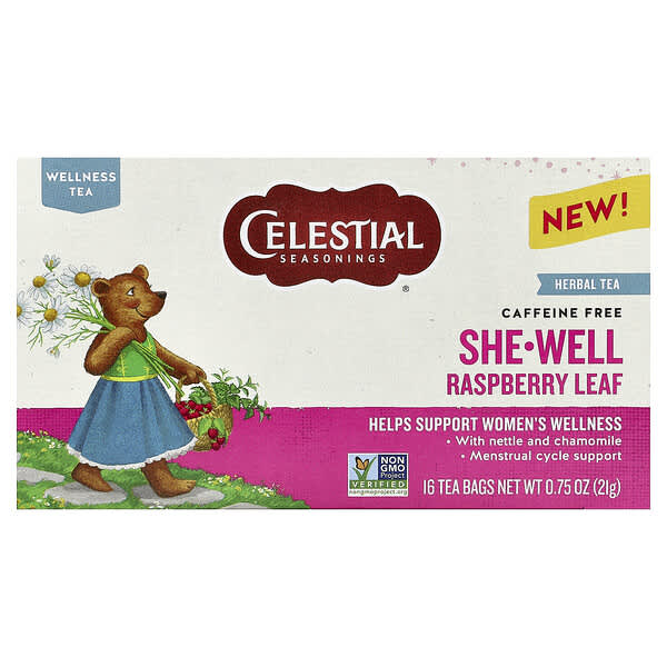 Celestial Seasonings She-Well, Herbal Tea, Raspberry Leaf, Caffeine Free, 16 Tea Bags, 0.75 oz (21 g)