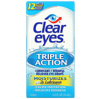 Clear Eyes, Triple action, Gouttes oculaires lubrifiantes/antirougeurs, 15 ml