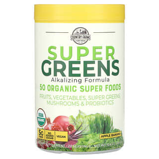 كانتري فارمز‏, Super Greens, Certified Organice Whole Food Formula, Delicious Apple Banana Flavor, 10.6 oz (300 g)