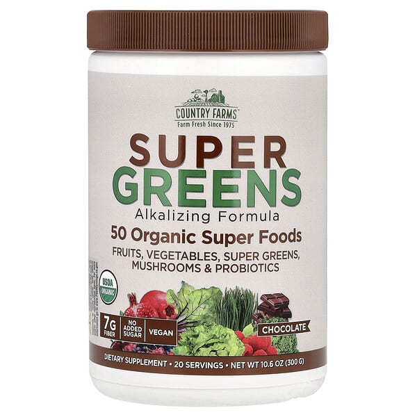 Country Farms, Super Greens, 알칼리화 포뮬라, 초콜릿, 300g (10.6oz)