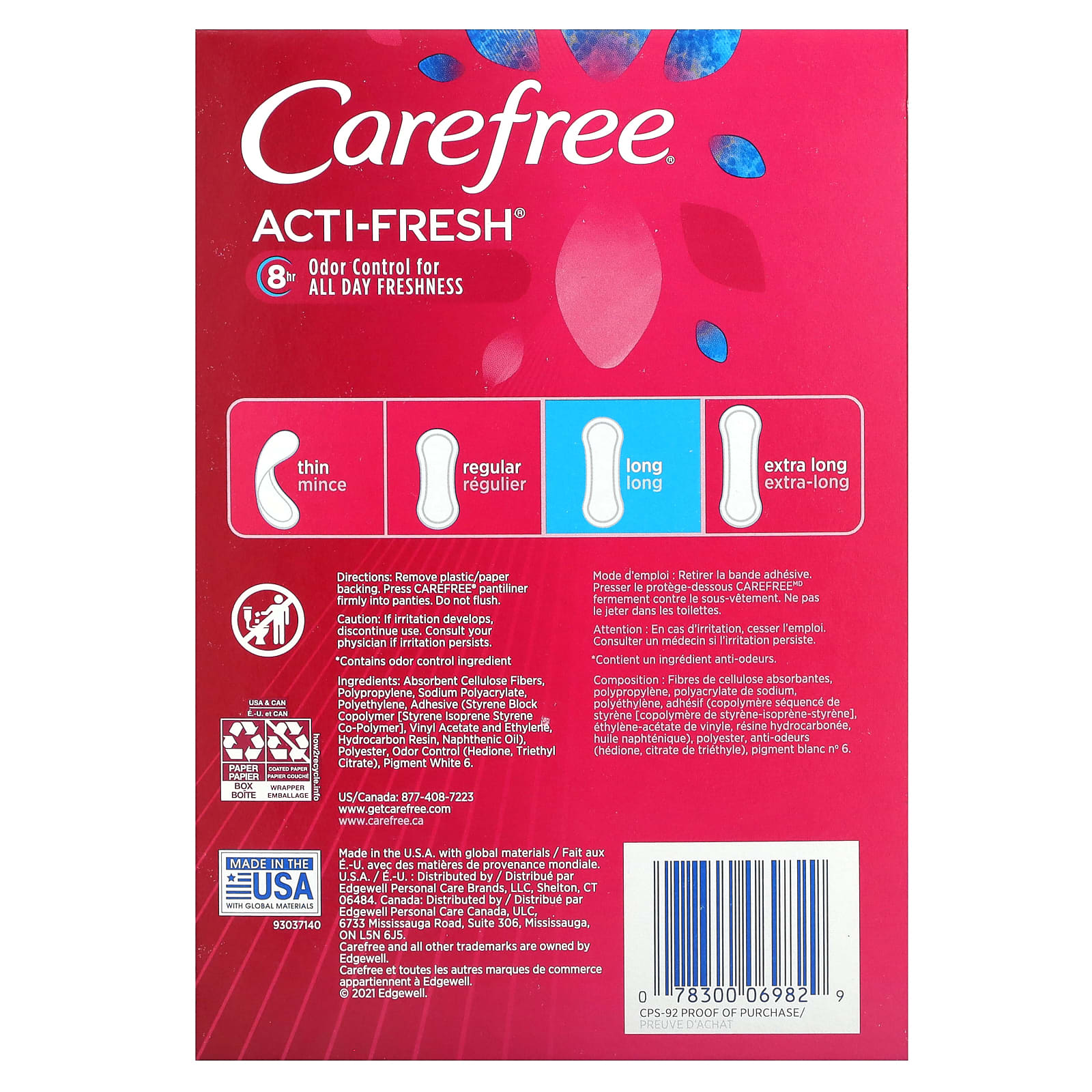 Carefree Acti Fresh Extra Long Daily Liners, Unscented, 93 Ea
