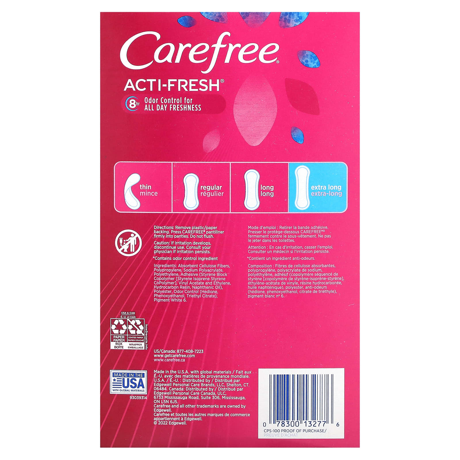Carefree, ActiFresh, Daily Liners, Extra Long, Unscented, 100 Liners