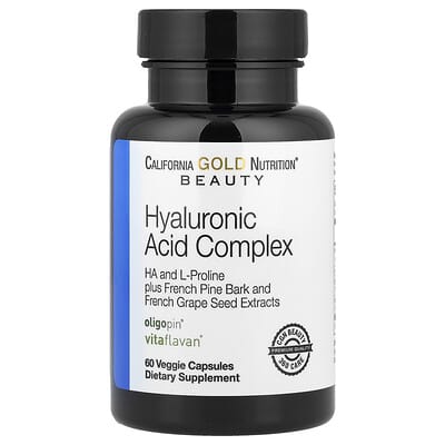 California Gold Nutrition, Hyaluronic Acid Complex with L-Proline, French Grape Seed, and French Maritime Pine Bark Extract, 60 Vegetarian Capsules