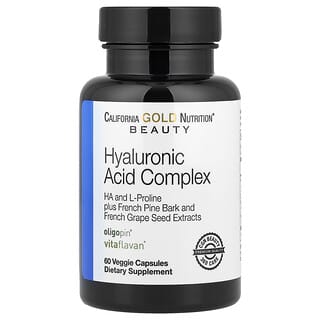 California Gold Nutrition, Hyaluronsyrakomplex med L-prolin, fransk druvkärna och extrakt av fransk maritim tallbark, 60 vegetariska kapslar