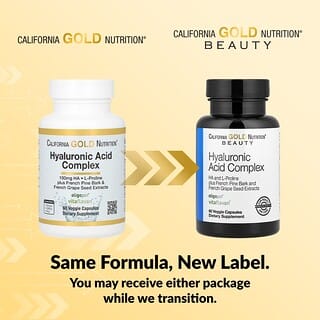 California Gold Nutrition, Hialuronsav komplex L-prolinnal, francia szőlőmaggal és francia tengerparti fenyőkéreg kivonattal, 60 növényi kapszula