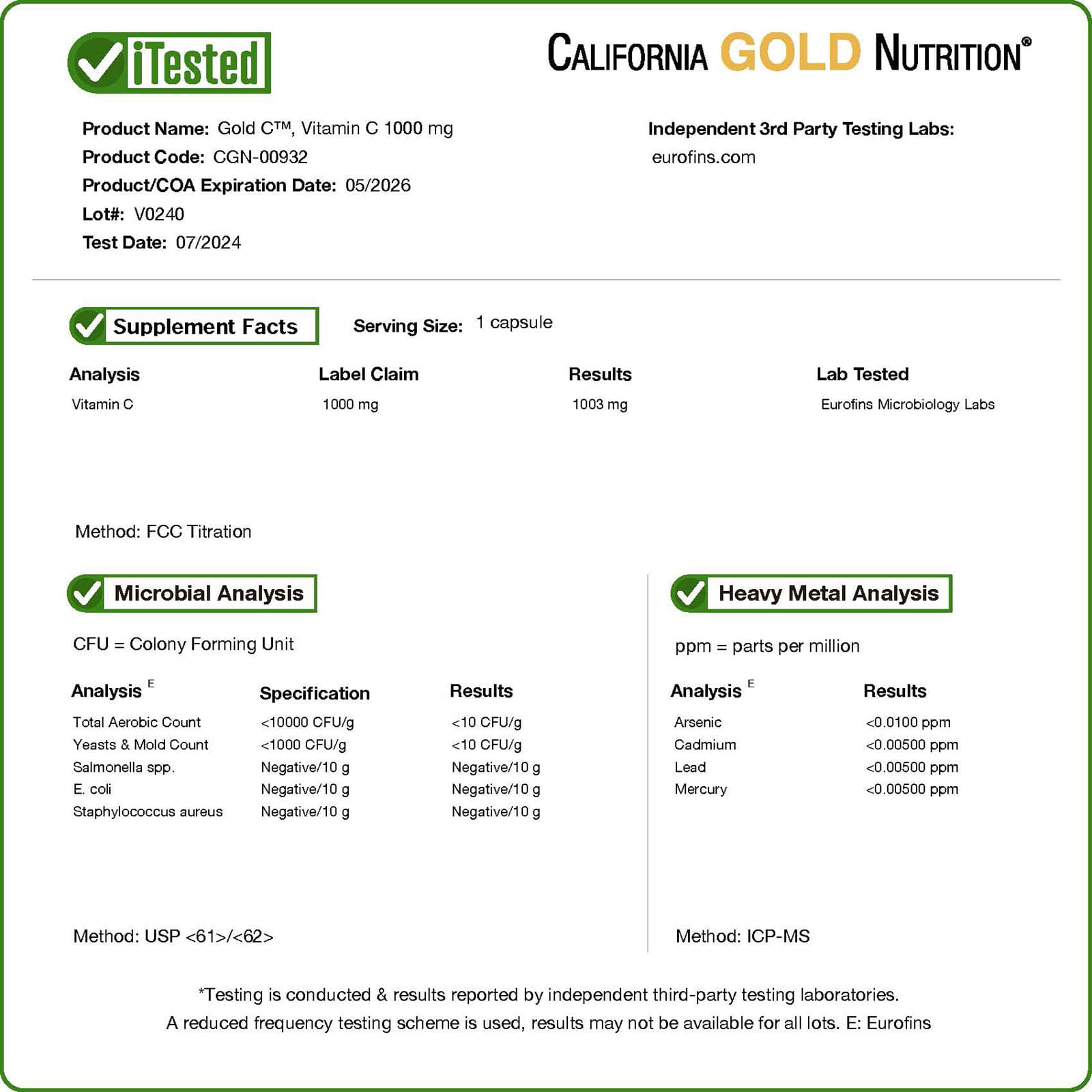 California Gold Nutrition, Gold C®，USP 級維他命 C，1,000 毫克，240 粒素食膠囊