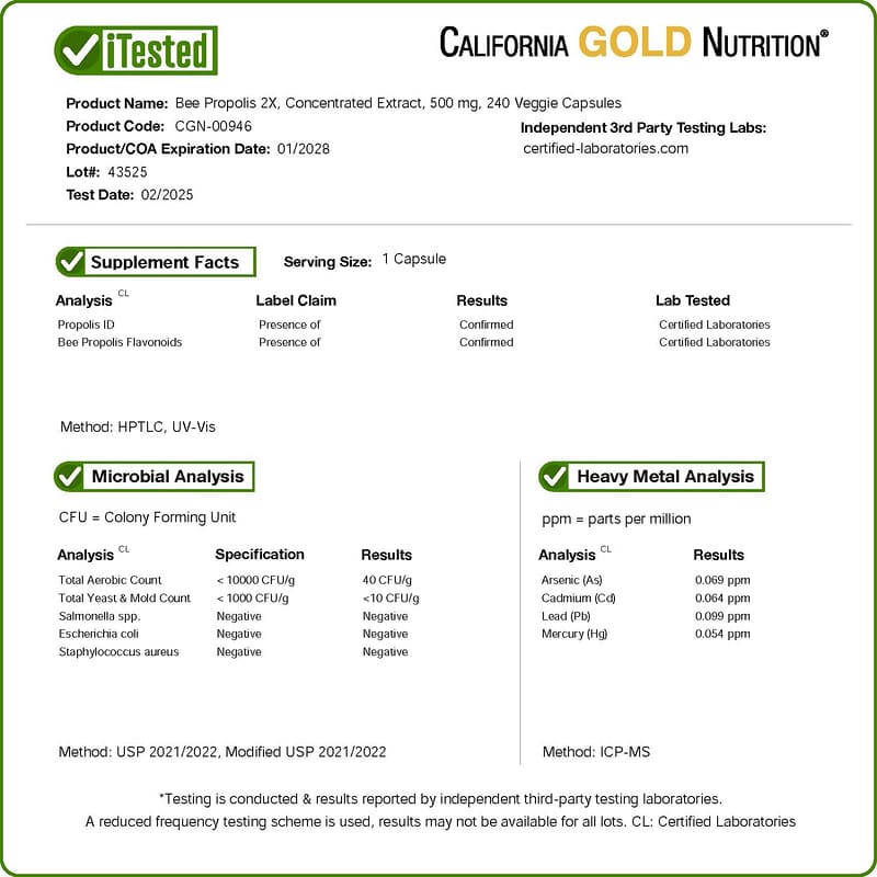 California Gold Nutrition, Bee Propolis 2X, 500 mg, 240 Capsules