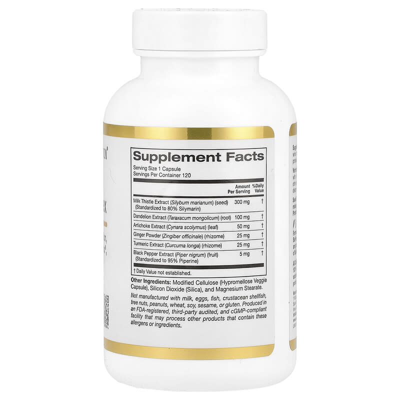 Купить California Gold Nutrition, Комплекс силимарина, экстракт расторопши с одуванчиком, артишок, комплекс куркумина C3, имбирь и BioPerine®, 120 растительных капсул