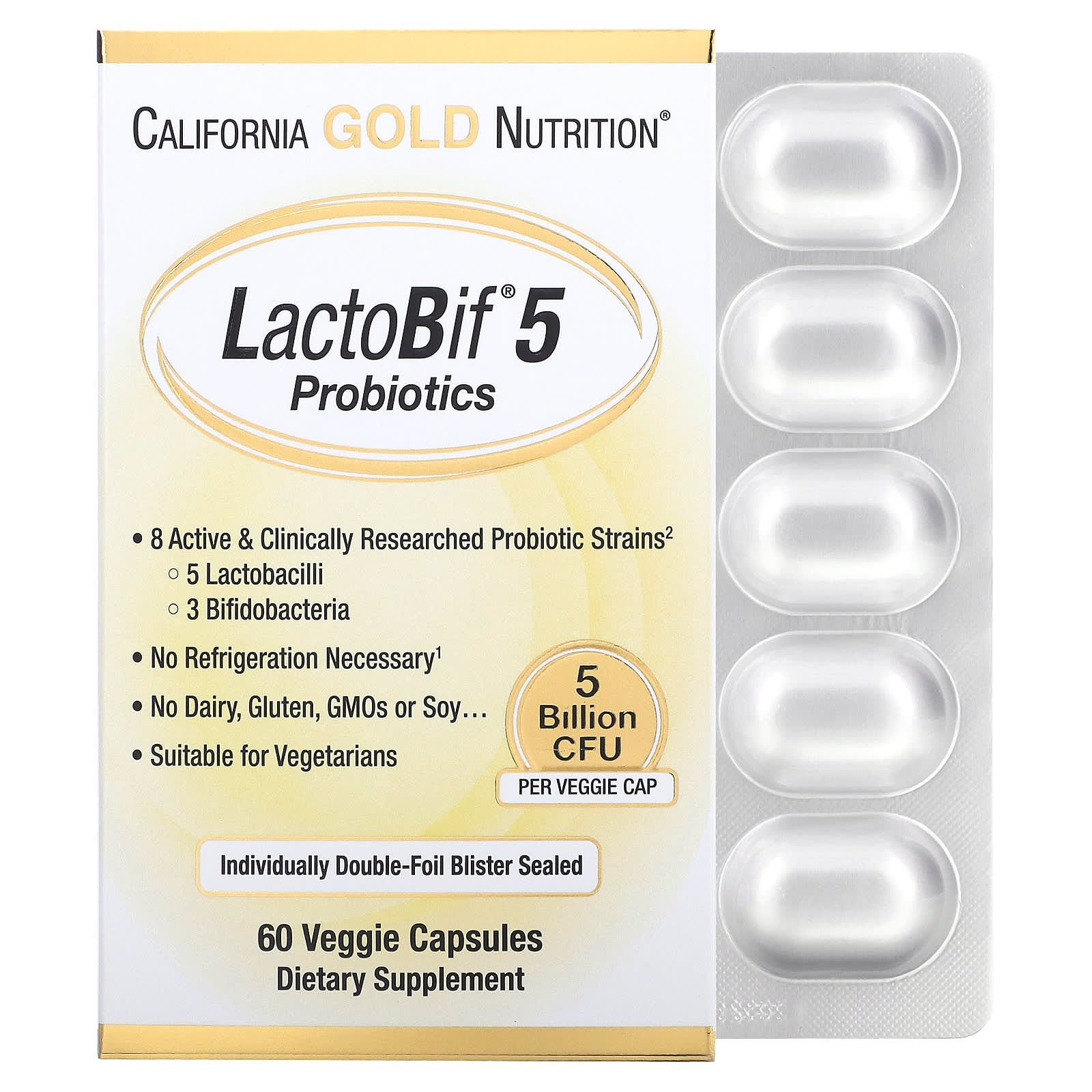 Купить California Gold Nutrition, LactoBif, пробиотики, 5 млрд КОЕ, 60 растительных капсул