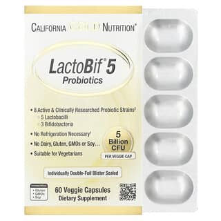 California Gold Nutrition, Probiotika LactoBif® 5 s 5 laktobacily a 3 bifidobakteriemi, 5 miliard CFU, 60 rostlinných kapslí