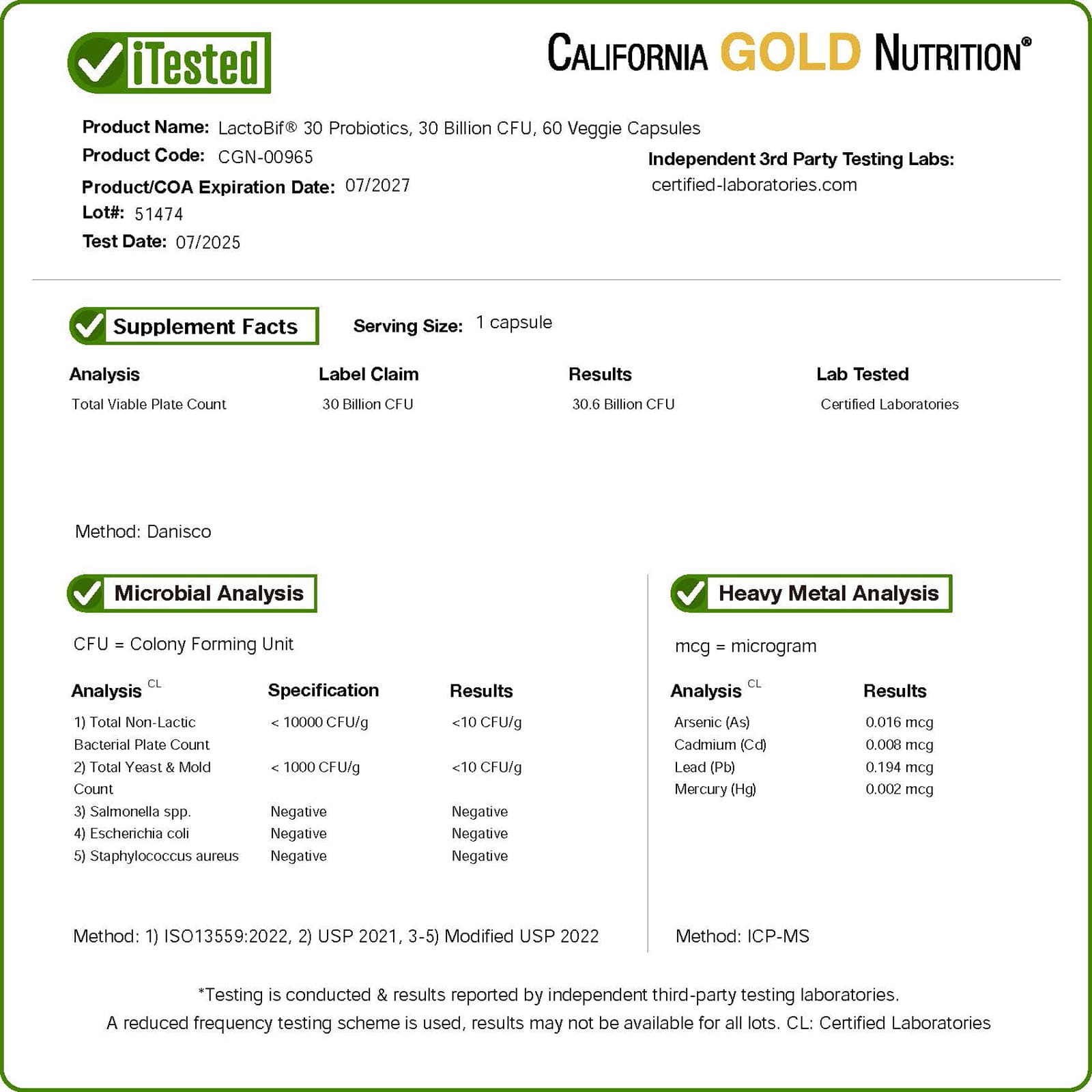 California Gold Nutrition, LactoBif® 30 益生菌，300 億 CFU，60 粒素食膠囊