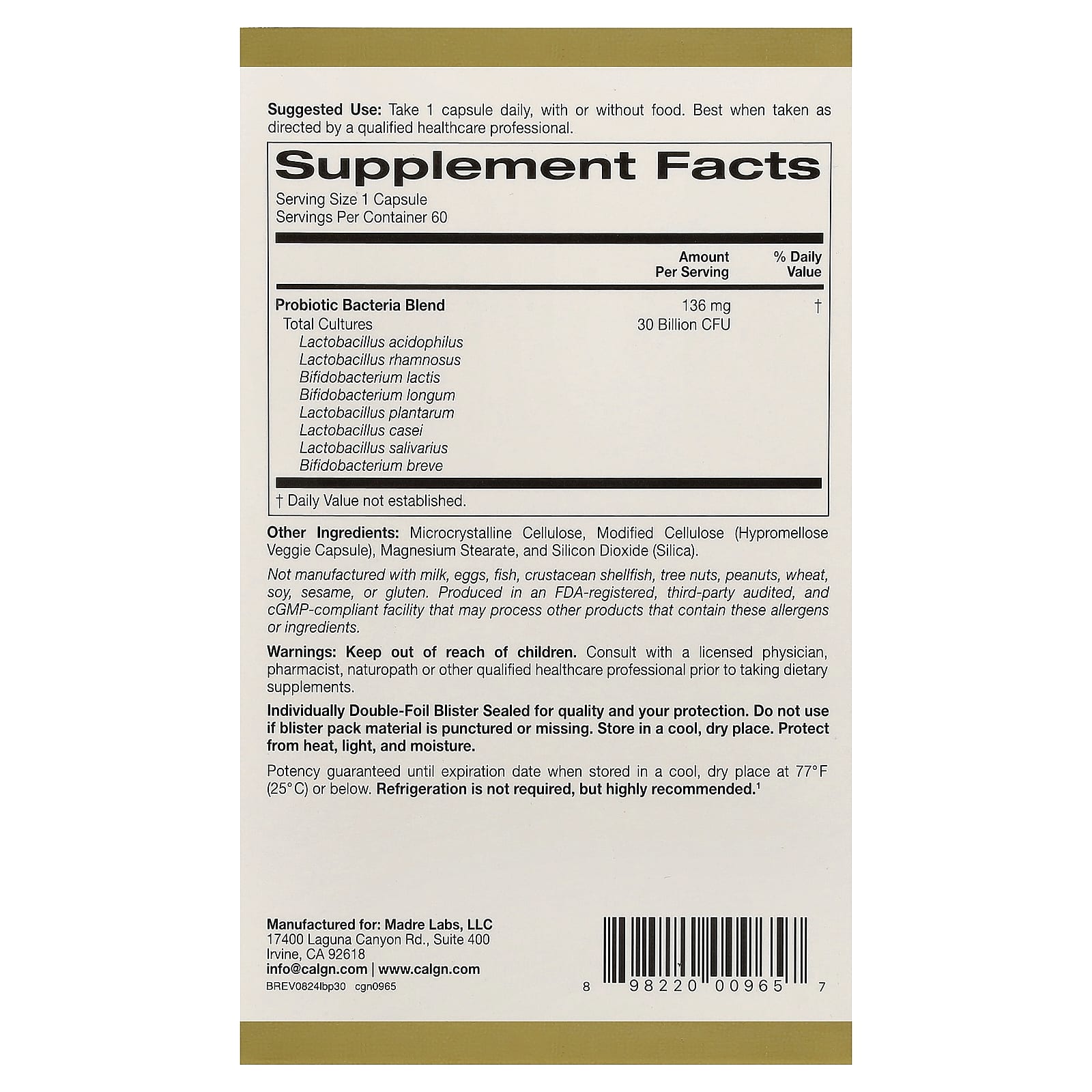 California Gold Nutrition, LactoBif® 30 益生菌，300 億 CFU，60 粒素食膠囊