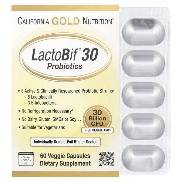 كاليفورنيا غولد نيوتريشن‏, بروبيوتيك LactoBif® 30‏، 30 مليار وحدة تشكيل مستعمرة، 60 كبسولة نباتية