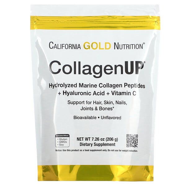 California Gold Nutrition, CollagenUP, Peptídeos de Colágeno Marinho Hidrolisado com Ácido Hialurônico e Vitamina C, Sem Sabor, 206 g (7,26 oz)