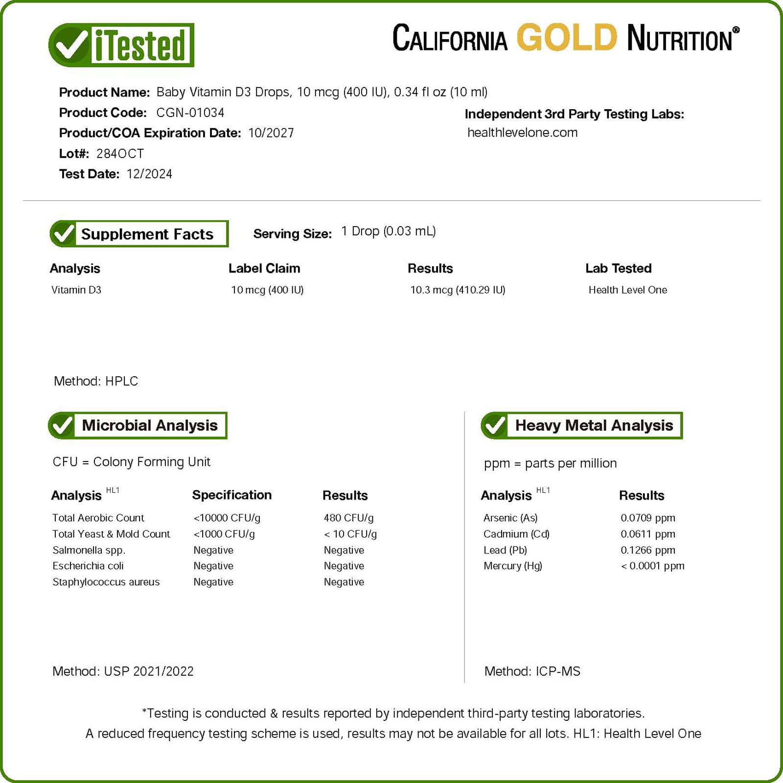 California Gold Nutrition, 嬰兒維他命 D3 滴劑，10 微克（400 國際單位），0.34 液量盎司（10 毫升）