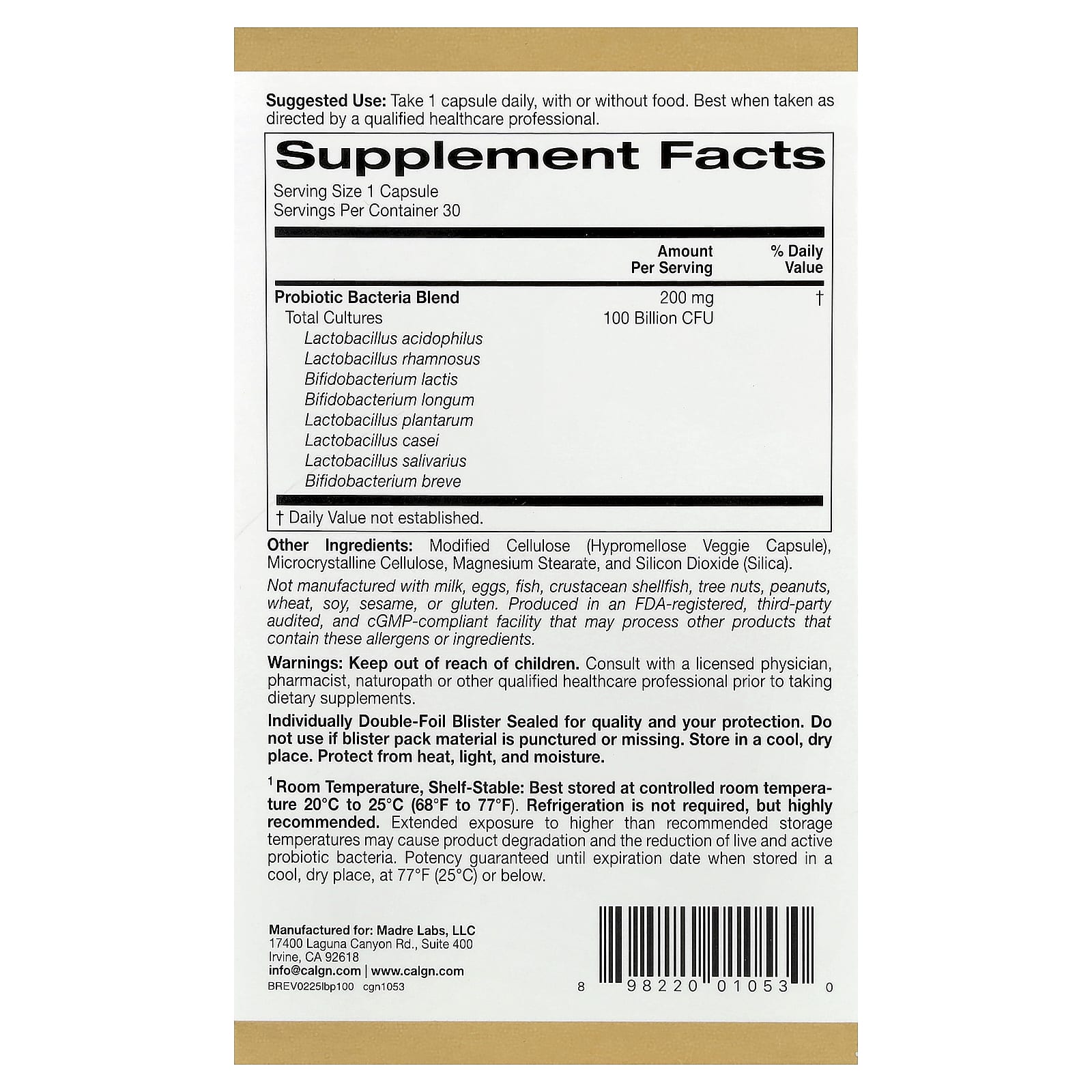 California Gold Nutrition, LactoBif® 100 益生菌，1000 億 CFU，30 粒素食膠囊