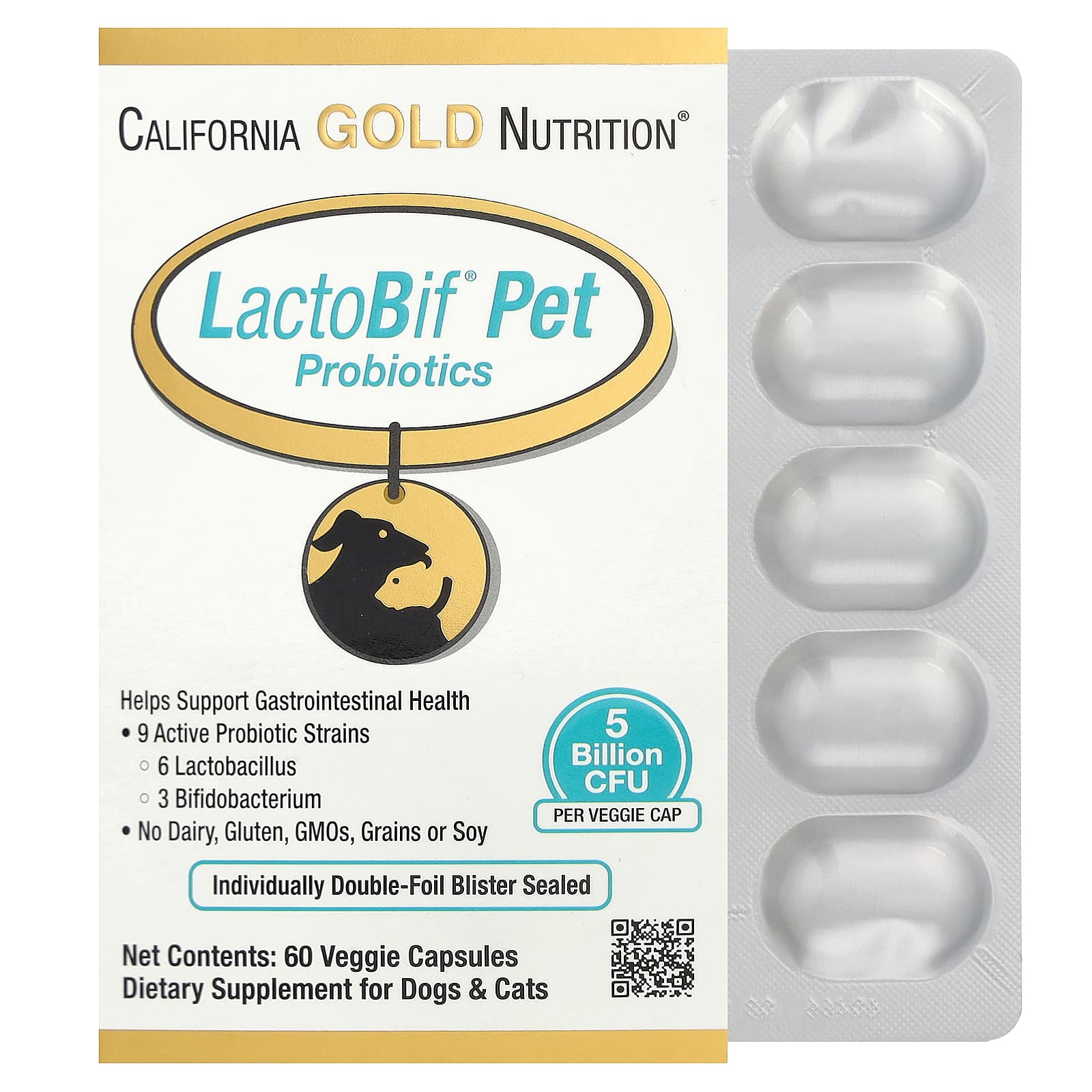California Gold Nutrition (캘리포니아골드뉴트리션), LactoBif® 반려동물 프로바이오틱스, 베지 캡슐 60정