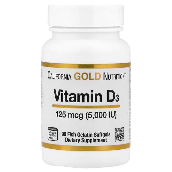 California Gold Nutrition, ビタミンD3、125mcg（5,000 IU）、魚ゼラチンソフトジェル90粒