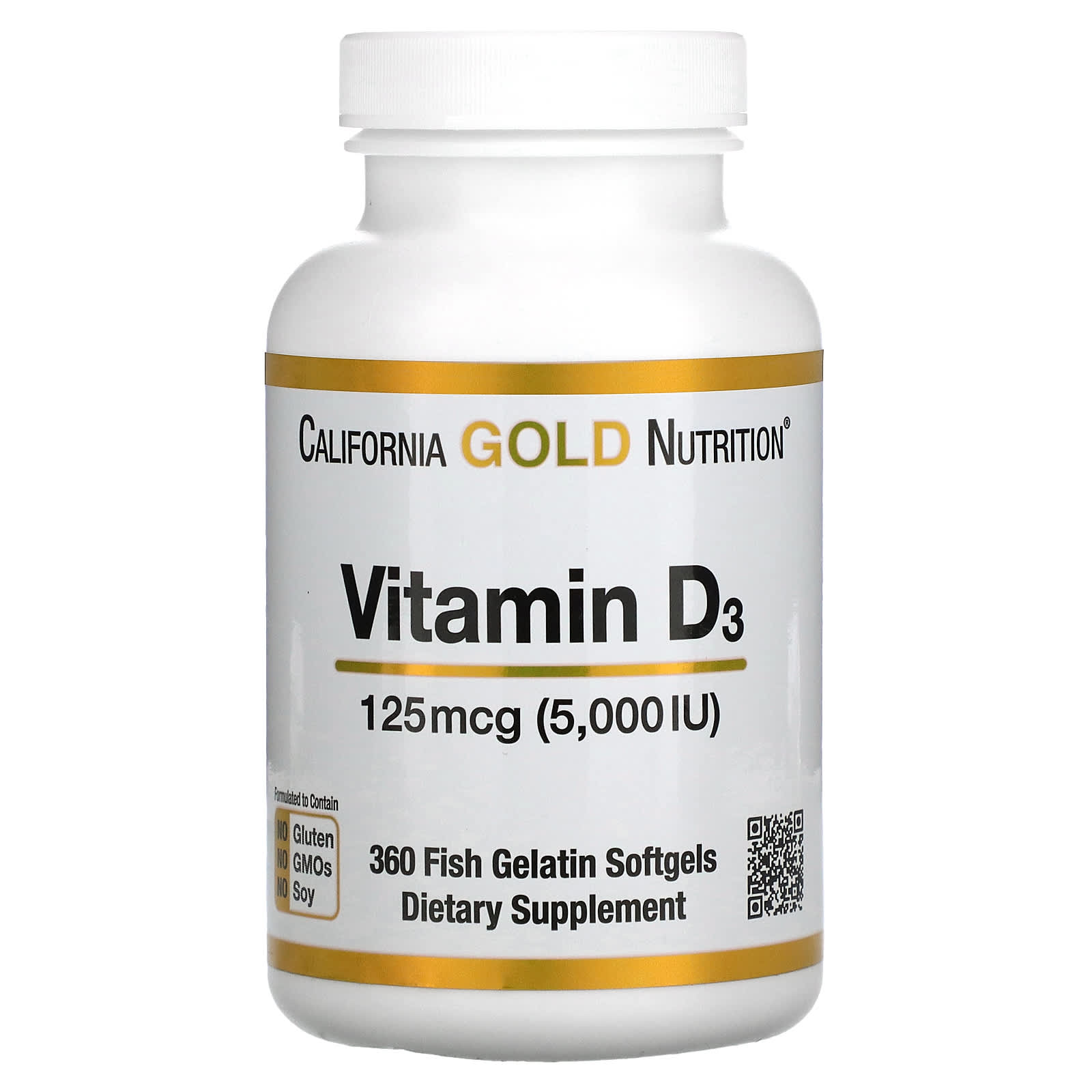 Заказать California Gold Nutrition, витамин D3, 125 мкг (5000 МЕ), 360 капсул из рыбьего желатина