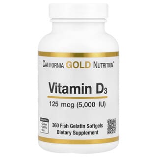 California Gold Nutrition, Vitamin D3, 125 mcg (5.000 IU), 360 Kapsul Gel Lunak Gelatin Ikan