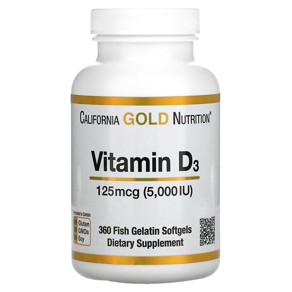 California Gold Nutrition, Vitamina D3, 125 mcg (5.000 UI), 360 Cápsulas Softgel de Peixe
