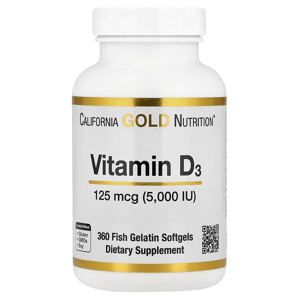 California Gold Nutrition, Vitamin D3, 125 mcg (5,000 IU), 360 Fish Gelatin Softgels — product photo 1