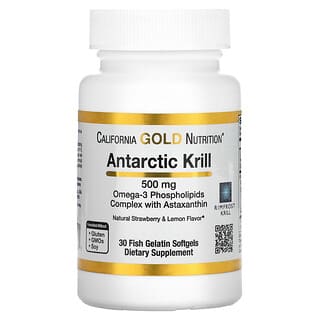 California Gold Nutrition, Aceite de kril antártico, Complejo de fosfolípidos de omega-3 con astaxantina, Sabor natural a fresa y limón, 500 mg, 30 cápsulas blandas