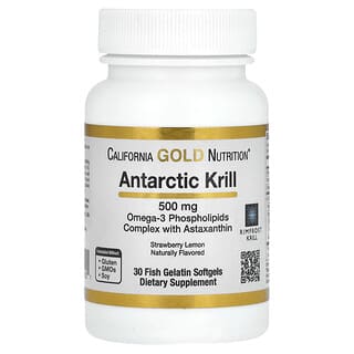 California Gold Nutrition, Aceite de kril antártico, Complejo de fosfolípidos de omega-3 con astaxantina, Sabor natural a fresa y limón, 500 mg, 30 cápsulas blandas de gelatina de pescado
