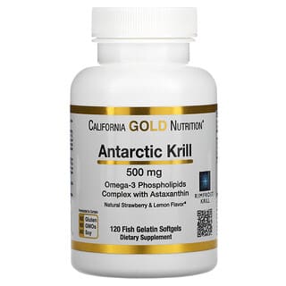 California Gold Nutrition, Óleo de Krill Antártico, com Astaxantina, RIMFROST, Sabores Naturais de Morango e Limão, 500 mg, 120 Cápsulas Softgel de Gelatina de Peixe