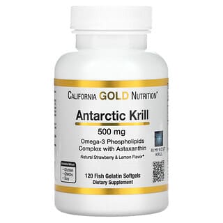 California Gold Nutrition, Aceite de kril antártico, Complejo de fosfolípidos de omega-3 con astaxantina, Sabor natural a fresa y limón, 500 mg, 120 cápsulas blandas