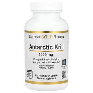 California Gold Nutrition, Aceite de kril antártico, Complejo de fosfolípidos de omega-3 con astaxantina, Sabor natural a fresa y limón, 1000 mg, 120 cápsulas blandas de gelatina de pescado
