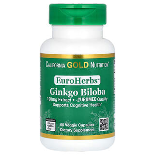 California Gold Nutrition, EuroHerbs, Extrato de Ginkgo biloba, Qualidade Euromed, 120 mg, 60 Cápsulas Vegetais