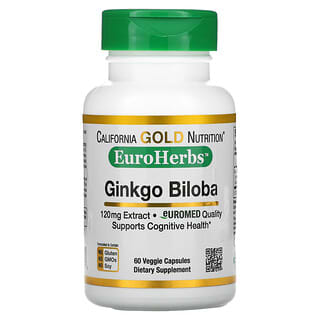 California Gold Nutrition, EuroHerbs, Extracto de Ginkgo biloba, Calidad europea, 120 mg, 60 cápsulas vegetales