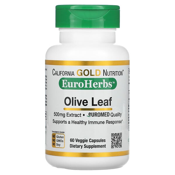 California Gold Nutrition, EuroHerbs, екстракт листя маслини, європейська якість, 500 мг, 60 рослинних капсул
