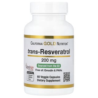 California Gold Nutrition, Trans-resveratrol, Producto de origen italiano, 200 mg, 60 cápsulas vegetales