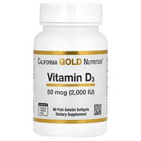 California Gold Nutrition, Vitamin D3, 50 mcg (2.000 IU), 90 Kapsul Gel Lunak Gelatin Ikan