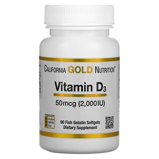California Gold Nutrition, Vitamina D3, 50 mcg (2.000 UI), 90 Cápsulas Softgel de Gelatina de Peixe