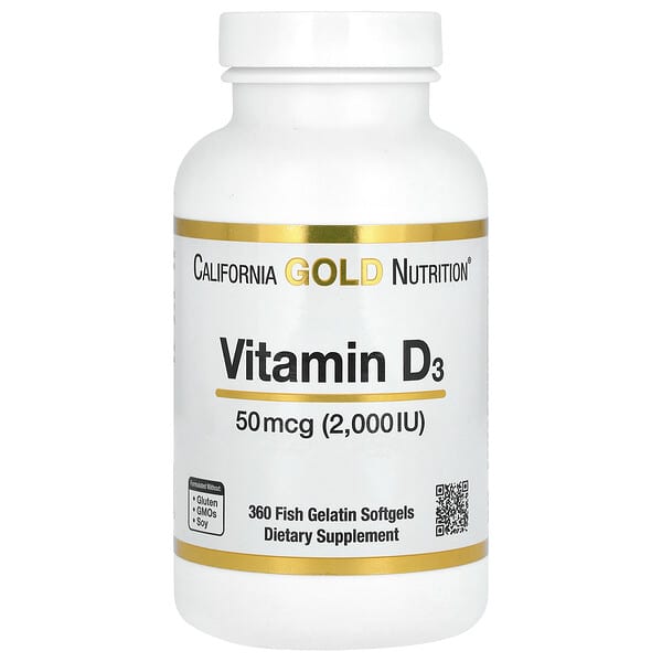 California Gold Nutrition, Vitamina D3, 50 mcg (2000 UI), 360 cápsulas blandas de gelatina de pescado