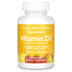 California Gold Nutrition, 비타민D3 구미젤리, 젤라틴 무함유, 글루텐 무함유, 베리 혼합 및 과일 향미료, 25mcg(1,000IU), 구미젤리 90개