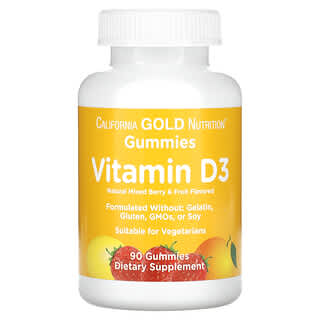 California Gold Nutrition, Gomas de Vitamina D3, Sem Gelatina, Sem Glúten, Sabores de Frutos Silvestres e Frutas, 25 mcg (1.000 UI), 90 Gomas