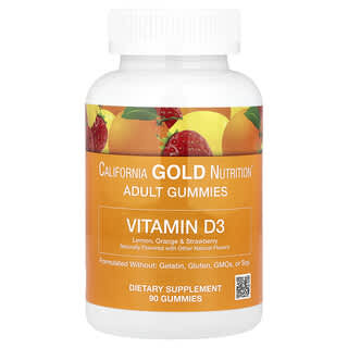 California Gold Nutrition, Gumii cu vitamina D3, lămâie, portocală și căpșuni, 2.000 UI, 90 de gume vegetariene (1.000 UI per gumă)