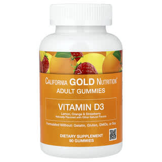 California Gold Nutrition, жевательный витамин D3, со вкусами лимона, апельсина и клубники, 90 жевательных таблеток (25 мкг (1000 МЕ) в 1 таблетке)