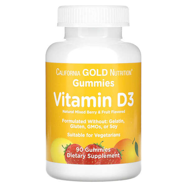 California Gold Nutrition, Gomitas con vitamina D3, Sin gelatina, Sin gluten, Sabor a bayas y frutas mixtas, 25 mcg (1000 UI), 90 gomitas