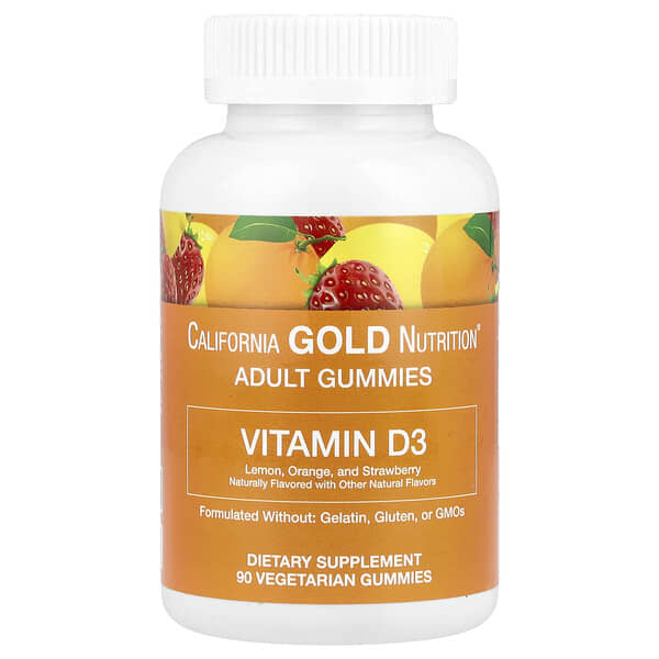 California Gold Nutrition, Vitamin D3 Gummies, Lemon, Orange, and Strawberry, 2,000 IU, 90 Vegetarian Gummies (1,000 IU per Gummy)